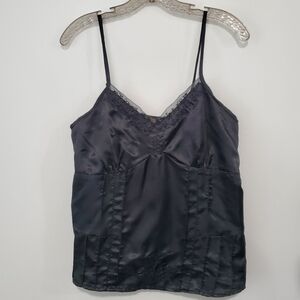 STO Y2K Vintage Black Silky Beaded Lace Trim Cami Top Whimsigoth FairyGrunge SzM